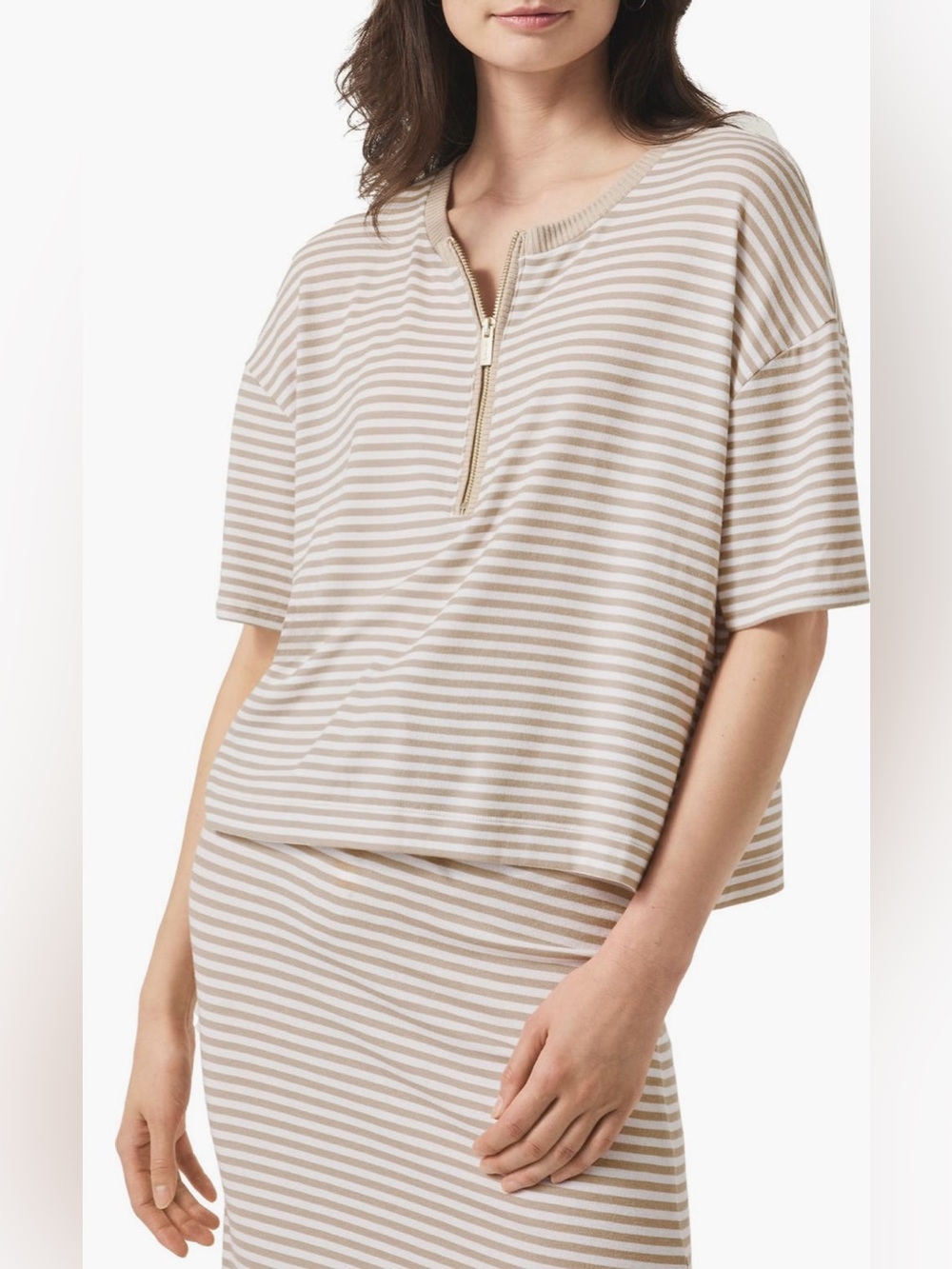 Splendid Beige & White Striped Zip-Neck Tee